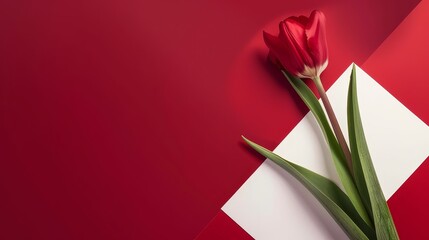 Fototapeta premium Vibrant tulip beside blank paper on bold red backdrop, Ai Generated