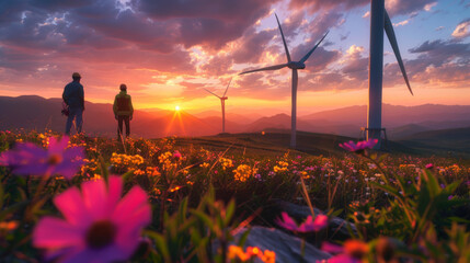 A serene sunset landscape featuring people observing wind turbines among vibrant wildflowers.