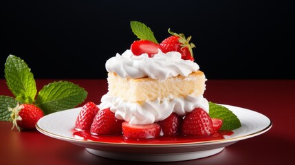A decadent piece of cake topped with fluffy whipped cream and fresh strawberries on a plate