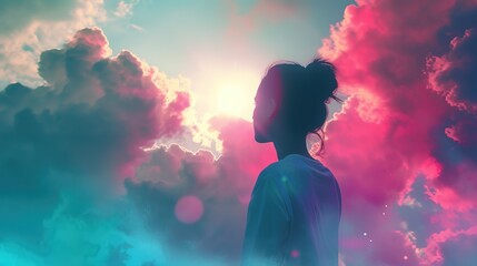 Dreamy Sunset Silhouette. Silhouette of a woman gazing at a vibrant sunset with pink and blue clouds