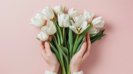 Woman's hands cradle bunch of white spring tulips on pale pink, Ai Generated