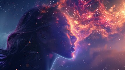 Cosmic Beauty. Artistic depiction of a woman's profile with cosmic elements and vibrant colors resembling a nebula.