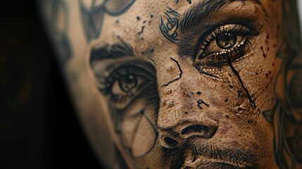 Detailed realistic tattoo, focusing on the art of lifelike portraits with significant personal meaning, isolated on a plain background