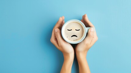 Woman's hands grasp coffee cup with drawn sad face, Ai Generated