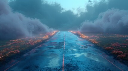 conceptual representation of road trip through foggy landscape with glowing red flowers on either side, black grey brown purple pink