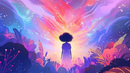 Cosmic Wonder Landscape. A vibrant digital artwork depicting a silhouette of a person with an afro looking at a colorful cosmic sky filled with stars and nebulae, surrounded by lush alien flora.