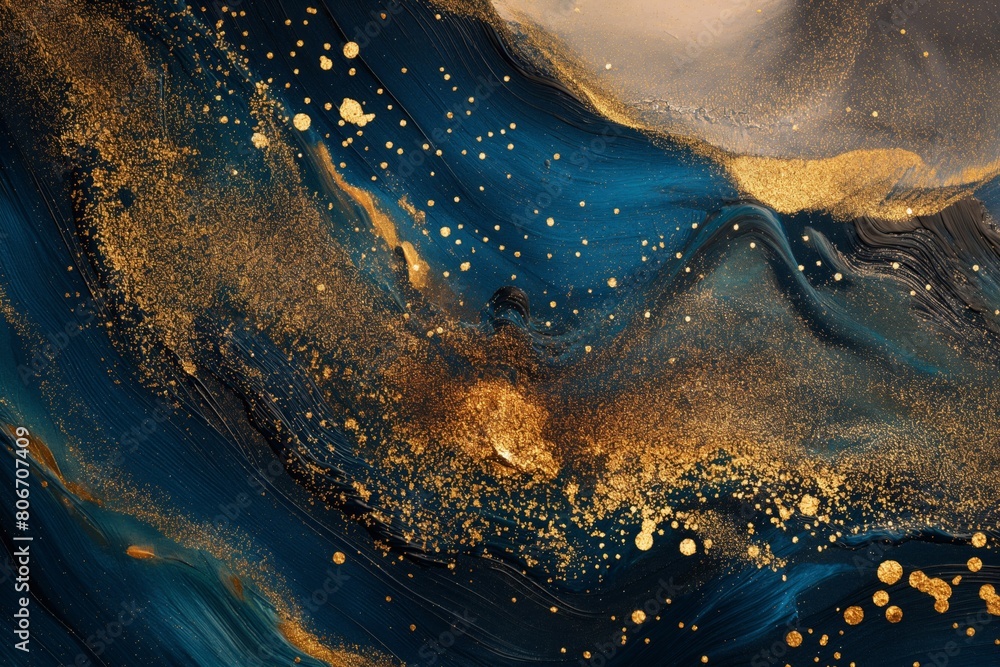 Poster dynamic abstract background with golden accents on a deep blue texture