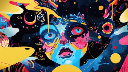 Cosmic Nature in Abstract. Vibrant abstract artwork featuring a surreal face with elements of nature and cosmic motifs, in a vivid color palette of blue, yellow, and pink.
