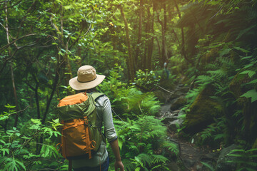 Woan in Orange Jacket Walking Through Dense Forest