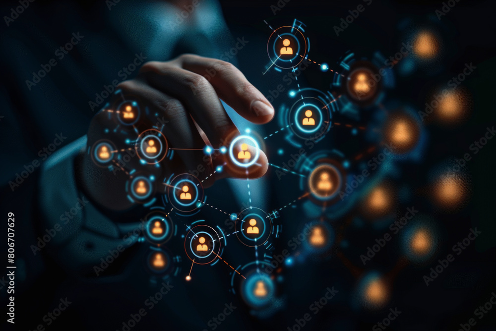 Aufkleber a person interacting with a futuristic holographic interface showing interconnected nodes, symbolizi