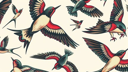 Obraz premium Detailed display of traditional tattoos, including classic swallows, with prominent outlines and strong, uniform colors, on a clean, isolated background