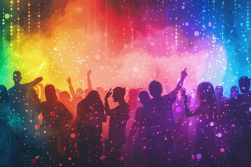 A group of people are dancing and partying in a colorful room, Pride Month and Day, LGBTIQ+ 