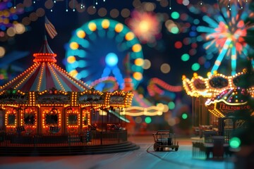 3d illustration of amusement park at the night on bokeh style background
