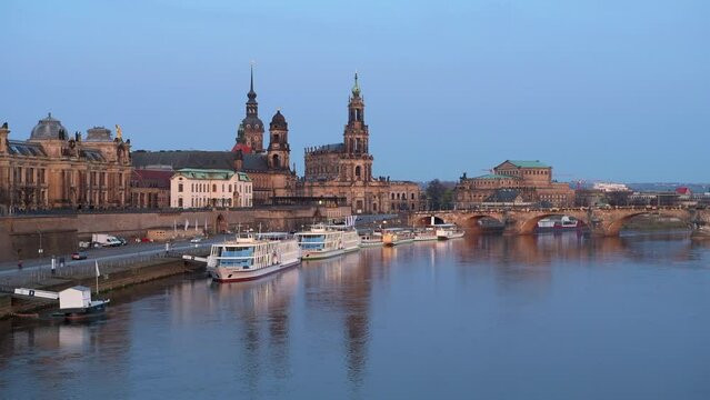 Elbe river and Dresden skyline at sunrise