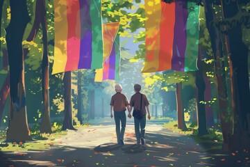 Two older men are walking down a path in a forest, holding hands, Pride Month and Day, LGBTIQ+ 