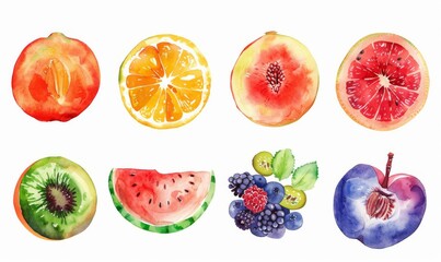 Watercolor drawing of berries and fruits in section