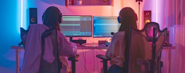 portrait illustration of two young women indoor recording a podcast or streaming online on her laptop and multiple screens