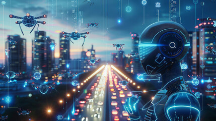 A futuristic cityscape with a humanoid robot and drones, featuring advanced technology, a digital interface, and a vibrant night sky with data streams.