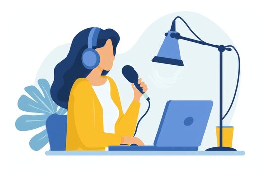 portrait illustration of a young woman indoor recording a podcast or streaming online on her laptop and multiple screens