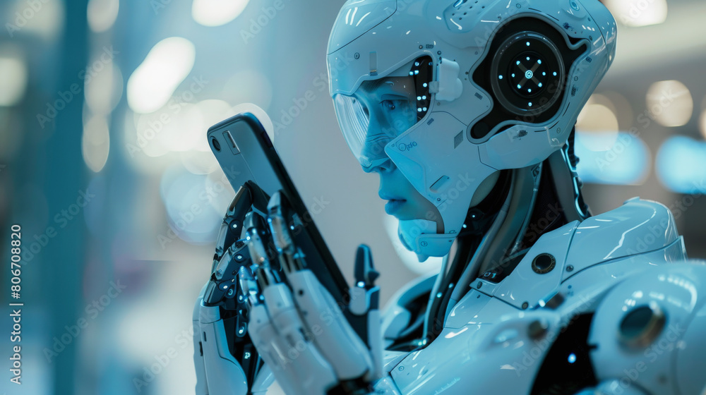 Poster a humanoid robot with a highly detailed design is examining a smartphone with its articulated finger