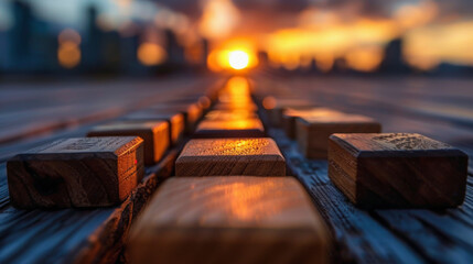 Sunset view along a wooden boardwalk with focus on the textured wood planks leading towards a blurred city skyline under a warm, glowing sky.