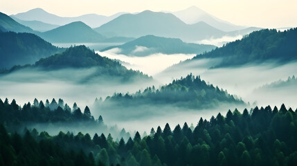 Beautiful Natural landscape background from forest  in mountains with fog, green trees, plants,...