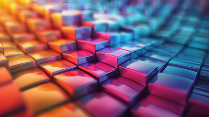 Obraz premium The image displays a 3D rendering of numerous colored cubes in a pattern, creating an abstract mosaic of blue, orange, and purple hues.
