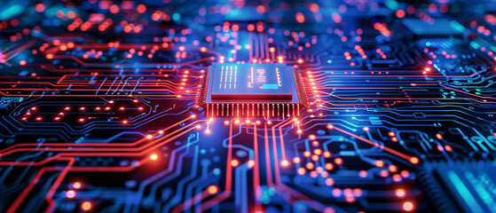 Futuristic hightech with circuit board and digital lines connect into electronic.