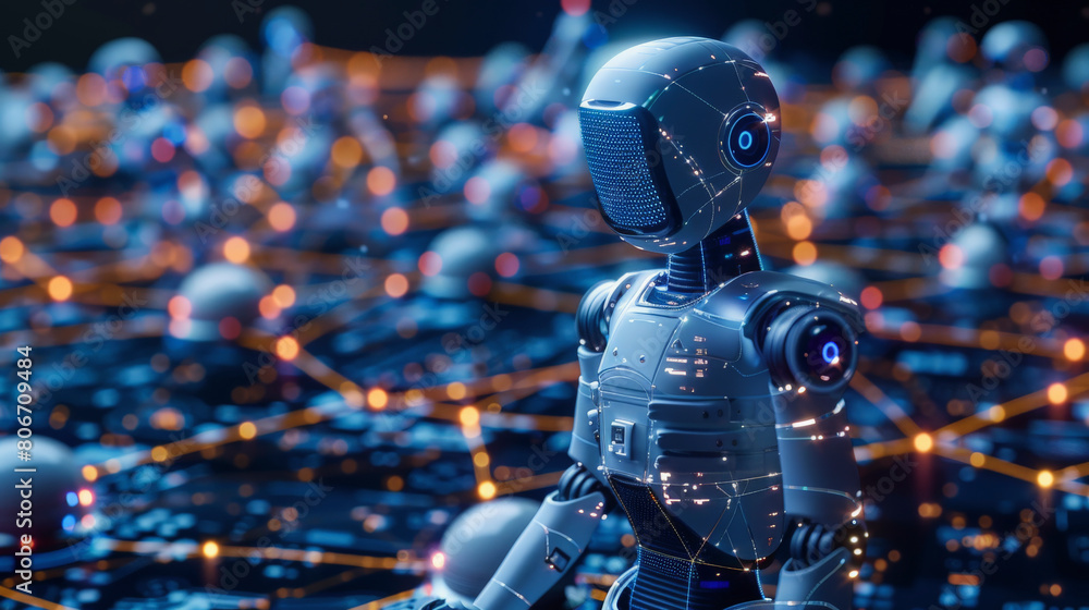 Poster a humanoid robot with a sleek design standing amidst a futuristic digital landscape with glowing cir