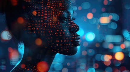  A black woman in profile with computer code and data visualizations overlaying her face, overlaying digital elements