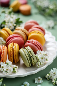 Colorful yellow, pink Macrons with spring flowers. Sweet dessert, sugar