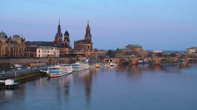 Elbe river and Dresden skyline at sunrise