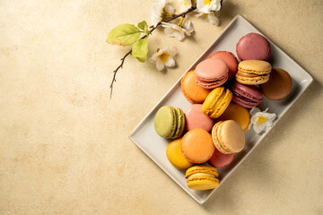 Macarons cookies in a plate, french macarons. Spring flowers on background