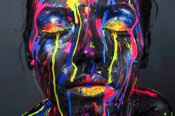 Vibrant Neon Colors Adorning a Womans Face in Artistic Body Painting