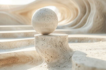 Marble Sphere Perfectly Balanced on a Carved Stone Pedestal in Bright Daylight