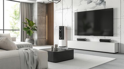 high - tech minimalist living room with voice - activated controls, featuring a large window, black speaker, white rug, wood and white floor, green plant, white vase, and
