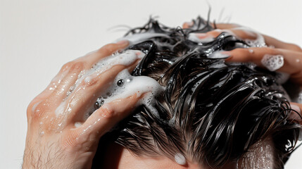 Photograph of a man washing his hair, close-up. Men’s grooming. Mens cosmetics photo, beauty industry advertising photo.