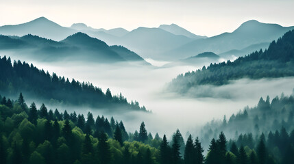 Beautiful Natural landscape background from forest  in mountains with fog, green trees, plants, nature, Pine trees, Foggy atmosphere 