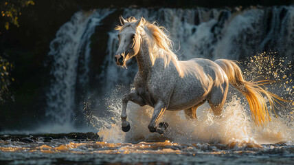 Equestrian Majesty: Dynamic horse, cascading waterfall, sunlight rays.generative ai