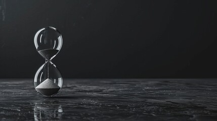 Hourglass stands on dark background, conveying urgency and the concept of time running out. Long banner format. Ai Generated