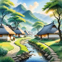 rustic village cobblestone paths winding between thatched roof cottages soft ethereal glow envelop