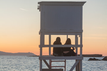 Greece, Crete, Chania, Nea Choa Beach, Lifeguard Booth at Sunset