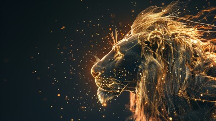 Majestic lion crafted from golden sparks against dark backdrop. Illuminating darkness, Ai Generated