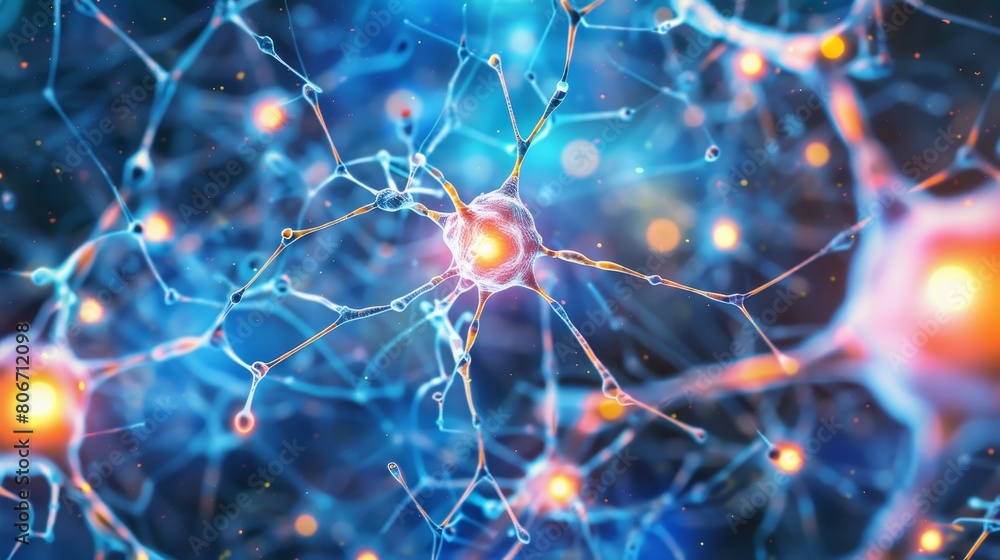 Poster glowing neuron cells with connections on abstract backdrop. ai generated