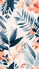 Botanical wallpaper featuring blue and pink flowers in a seamless pattern