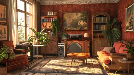 Cozy vintage living room with natural light and lush houseplants