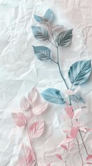 Pink and blue leaves scattered on a white sheet, creating a botanical background