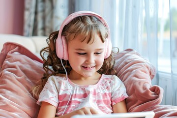 Young Girl With Headphones Engaged in Digital Learning at Home