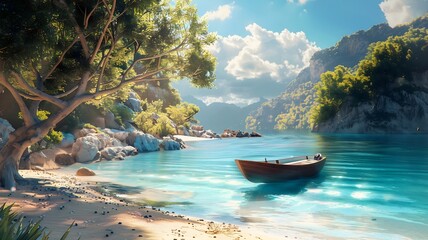  A pristine beach bathed in sunlight, with azure waters stretching to the horizon and a beautiful boat anchored nearby. 

