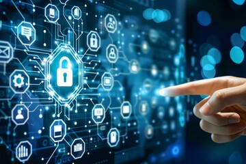 Fototapeta premium Secure confidential digital data against cybercrime with cloud encryption, firewall security, and VPN, leveraging antivirus and tech defense strategies.